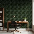 Floral wallpaper botanical design dense leaves dark green background