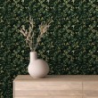 Floral wallpaper botanical design dense leaves dark green background