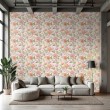 Carta da parati floreale design romantico fiori rosa, lilla e pesca sfondo beige chiaro