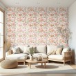 Floral wallpaper romantic design pink, lilac and peach flowers light beige background