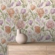 Papel pintado floral diseño romántico flores rosas, lilas y durazno fondo beige claro