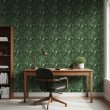 Papel pintado floral diseño botánico ramas con flores fondo verde oscuro