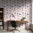 Papier peint floral design moderne fleurs aquarelle tons roses et bleus fond beige clair
