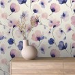 Papel pintado floral diseño moderno flores acuarela en tonos rosa y azul fondo beige claro