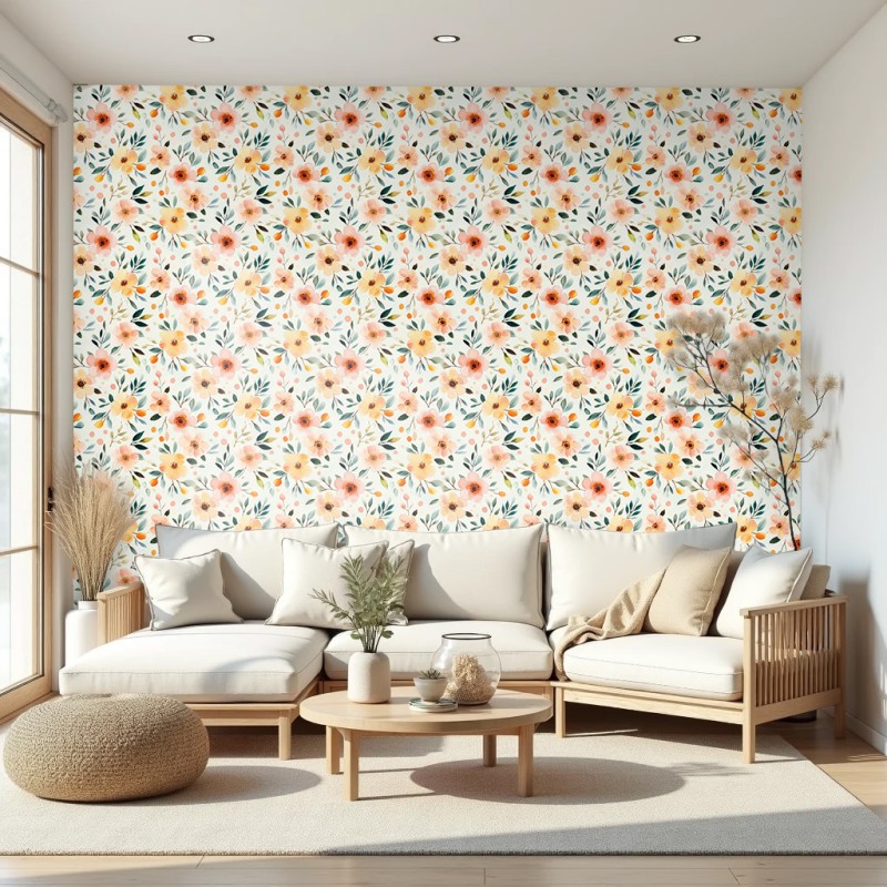 Papel pintado floral diseño moderno flores acuarela en tonos amarillo, melocotón y verde fondo blanco