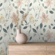 Carta da parati floreale design moderno fiori ad acquerello in tonalità beige, verde e pesca sfondo bianco