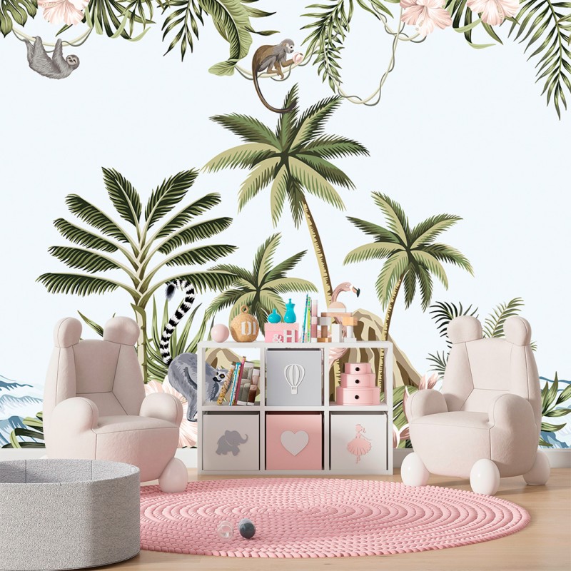 Fotomural Infantil Animales en Paisaje de Selva Costera