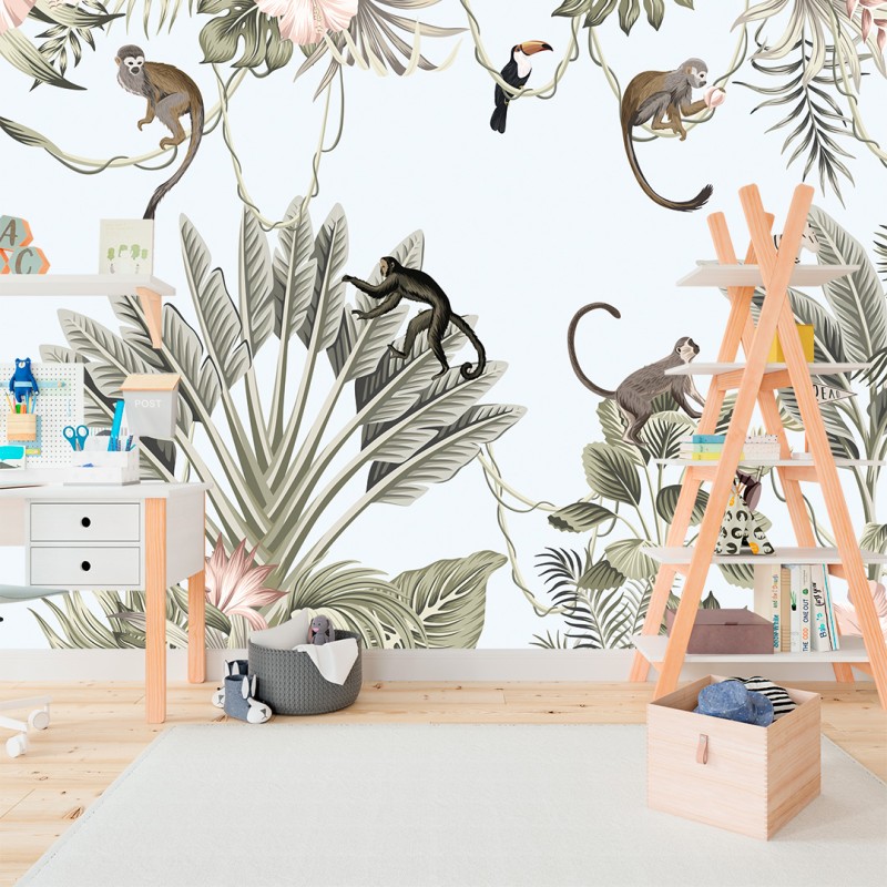 Children's Photomural Monkeys and Toucan Among Tropical Leaves