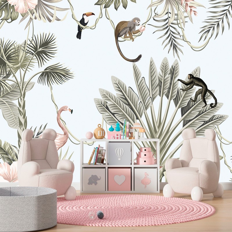 Fresque Murale Enfant Faune Tropicale avec Singes et Flamant Rose