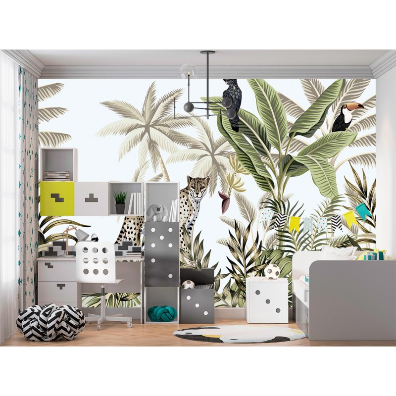 Fotomurale per Bambini Ghepardo e Uccelli Esotici nella Giungla Tropicale