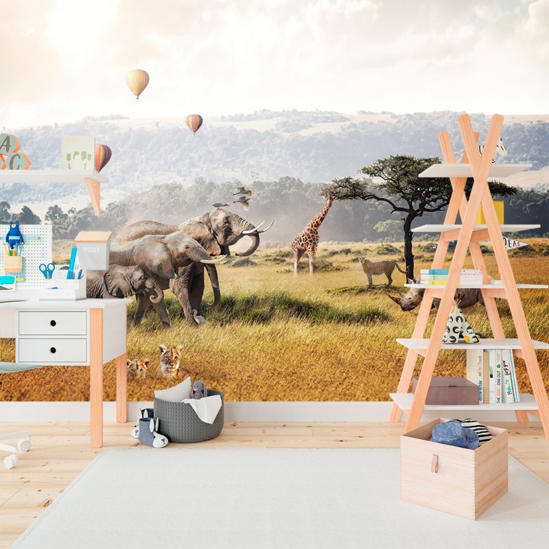 Children's Photomural African Safari with Wildlife and Hot Air Balloons