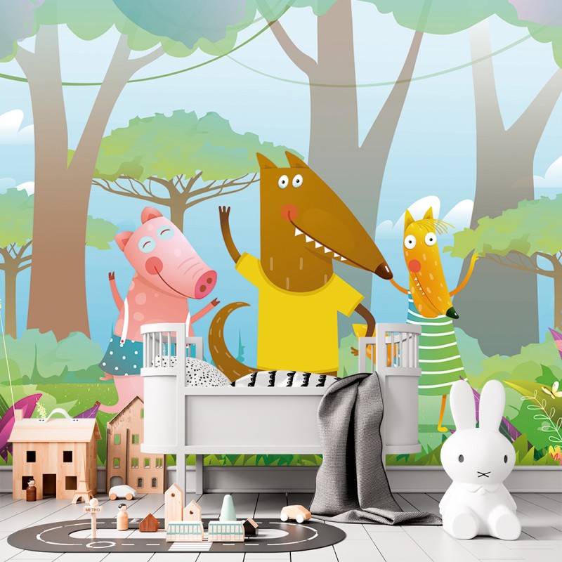 Children's Photomural Illustrated Little Animals Among Flowers and Trees