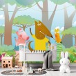 Children's Photomural Illustrated Little Animals Among Flowers and Trees