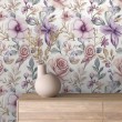 Floral wallpaper elegant design flowers and roses in lilac and beige tones white background