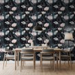 Papier peint floral design élégant fleurs délicates tons pastel fond noir