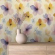 Papel pintado floral diseño moderno flores grandes en tonos pastel y amarillo fondo claro