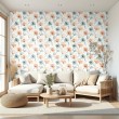 Florale Tapete minimalistisches Design große Blumen in Terrakotta- und Blaugrautönen heller Hintergrund
