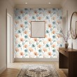Papel pintado floral diseño minimalista flores grandes en tonos terracota y azul grisáceo fondo claro