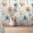 Papel pintado floral diseño minimalista flores grandes en tonos terracota y azul grisáceo fondo claro