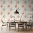 Floral wallpaper modern design large linear flowers in red and pastel blue tones beige background