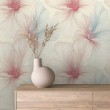 Floral wallpaper modern design large linear flowers in red and pastel blue tones beige background