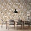 Papel pintado floral diseño elegante flores blancas en ramas fondo beige cálido