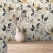Papel pintado floral diseño artístico flores grises y amarillas fondo claro