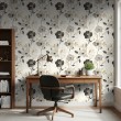 Papel pintado floral diseño moderno flores negras y grises fondo beige claro