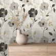 Papel pintado floral diseño moderno flores negras y grises fondo beige claro