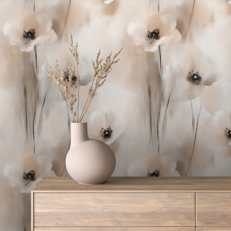 Floral wallpaper elegant design blurred beige and white flowers