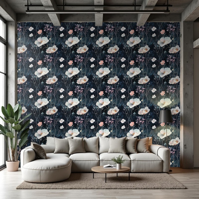 Florale Tapete elegantes Design feine Blumen in Pastelltönen schwarzer Hintergrund