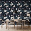 Papel pintado floral diseño elegante flores finas en tonos pastel fondo negro