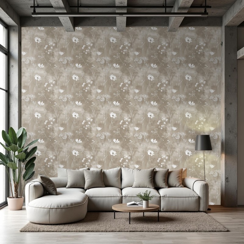 Floral wallpaper minimalist design white flowers taupe brown background