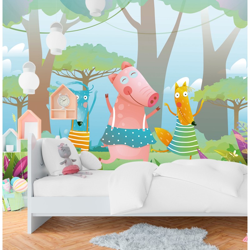 Fresque Murale Enfant Amis de la Forêt dansent entre les Arbres