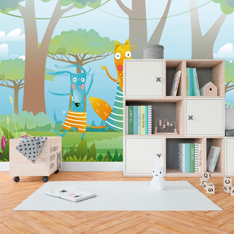Fotomurale per Bambini Animaletti Illustrati che Ballano nel Bosco