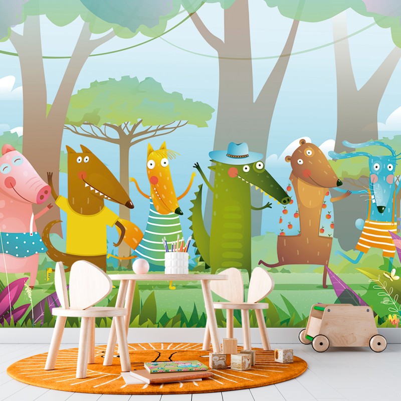 Fotomural Infantil Amigos del Bosque en Día de Juegos