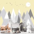 Fresque Murale Enfant Montagnes Géométriques sur Fond Jaune