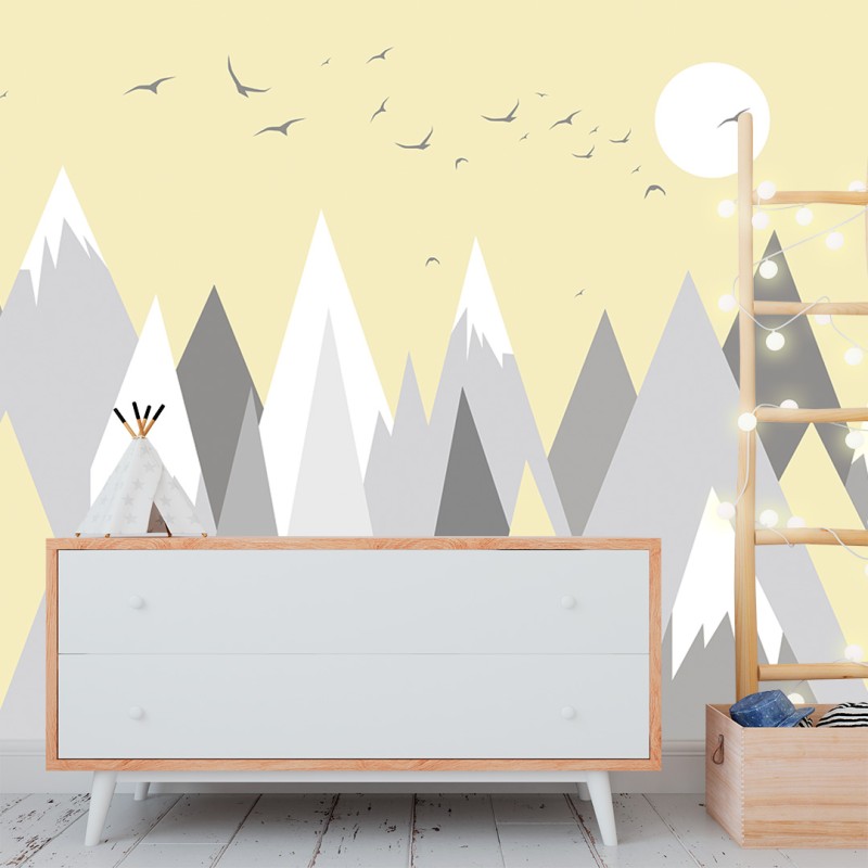 Fresque Murale Enfant Montagnes Géométriques sur Fond Jaune