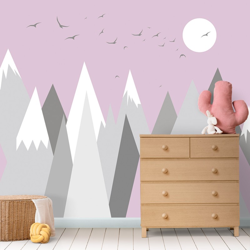 Fresque Murale Enfant Montagnes Géométriques sur Fond Violet