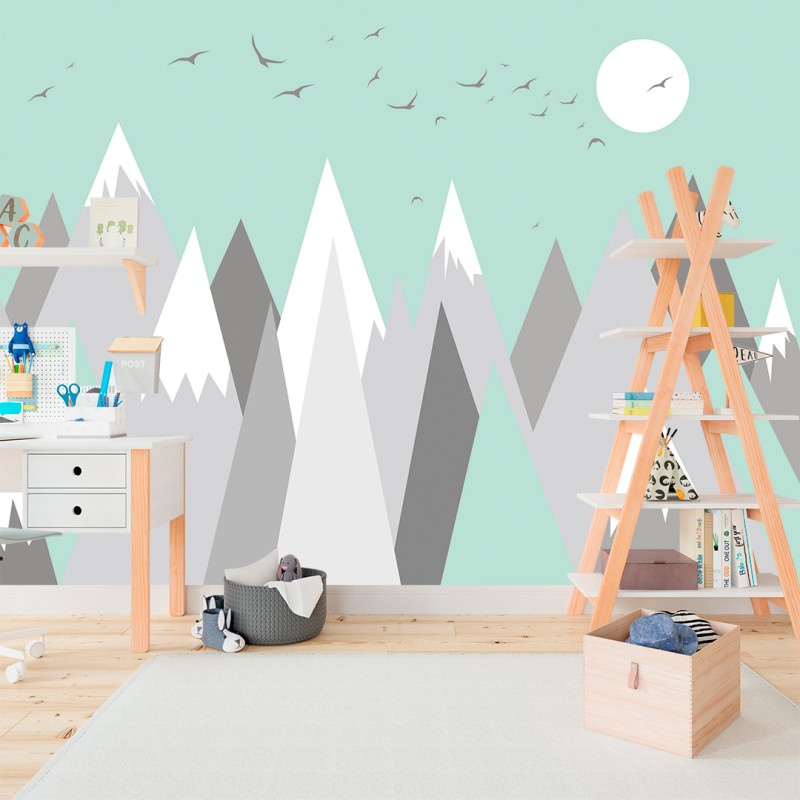 Fotomural Infantil Montañas Geométricas con Fondo Verde