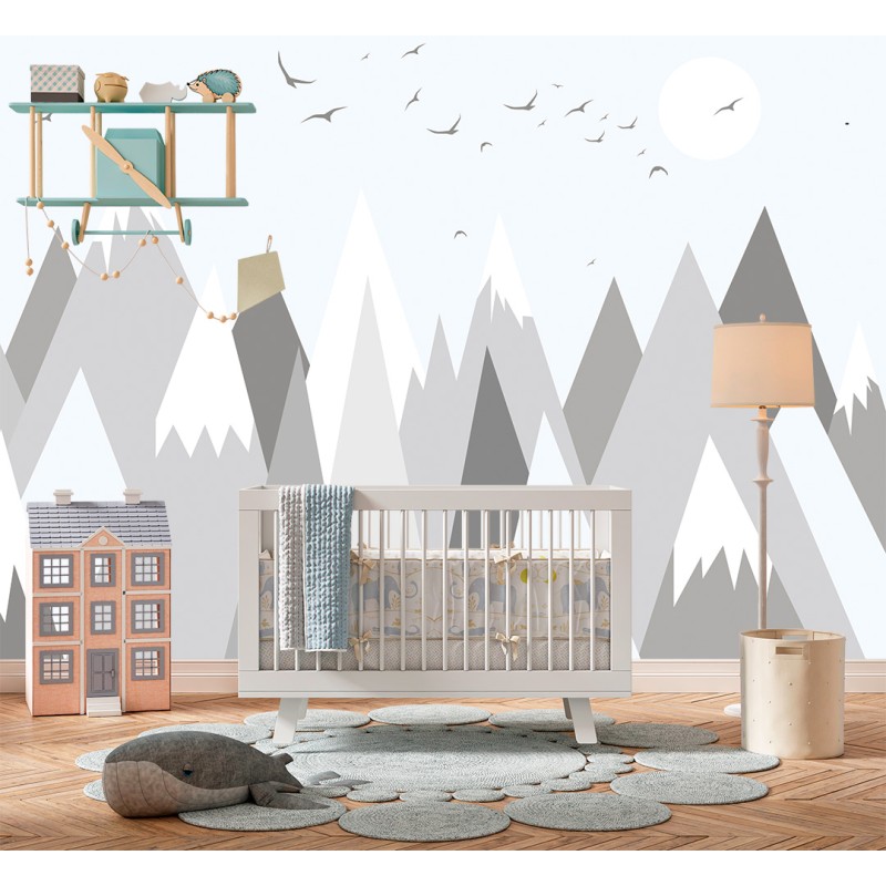 Fresque Murale Enfant Montagnes Géométriques sur Fond Clair