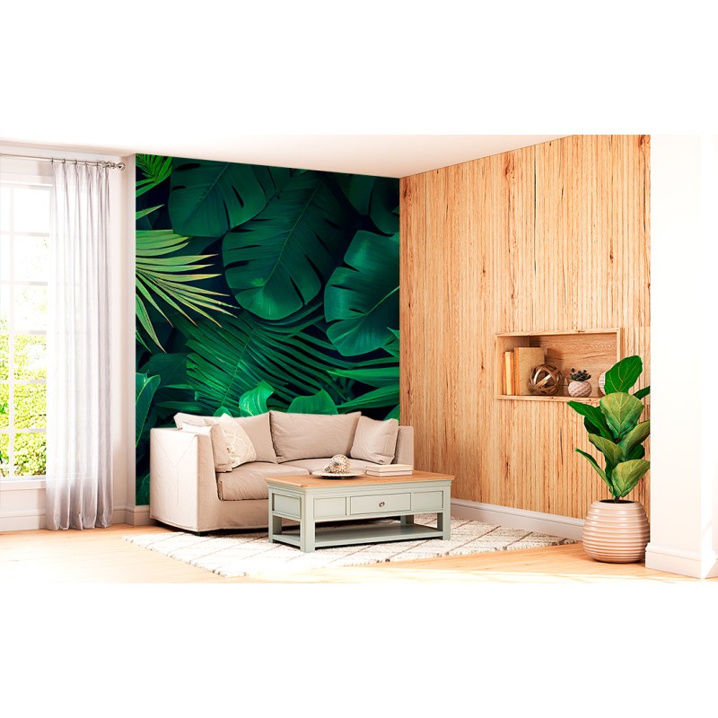 Fresque Murale Feuilles Exotiques sur Fond Sombre