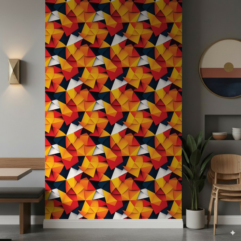 Papier peint géométrique motif tridimensionnel de triangles tons rouge et orange