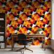 Papel pintado geométrico diseño tridimensional de triángulos tonos rojo y naranja