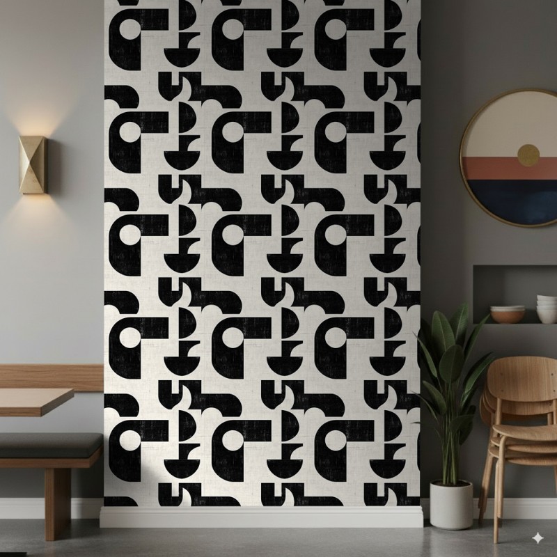 Papier peint géométrique motif moderne industriel tons noir et beige