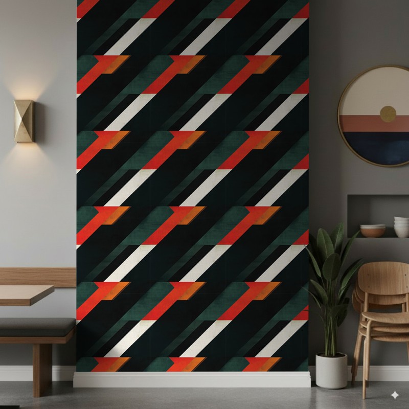 Papier peint géométrique bandes diagonales motif moderne tons vert foncé, rouge et noir