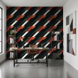 Papel pintado geométrico franjas diagonales diseño moderno tonos verde oscuro, rojo y negro