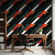Papel pintado geométrico franjas diagonales diseño moderno tonos verde oscuro, rojo y negro