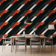 Papier peint géométrique bandes diagonales motif moderne tons vert foncé, rouge et noir