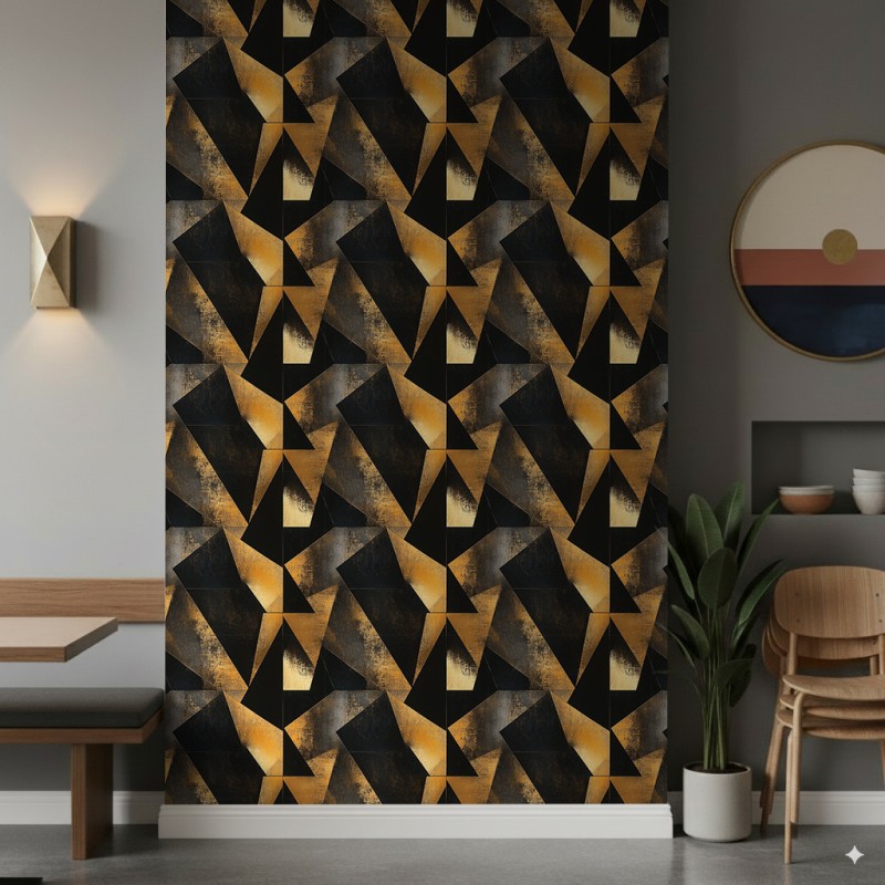 Geometrische Tapete Dreiecke modernes Design mit Metallic-Effekt in Gelb, Gold und Schwarz